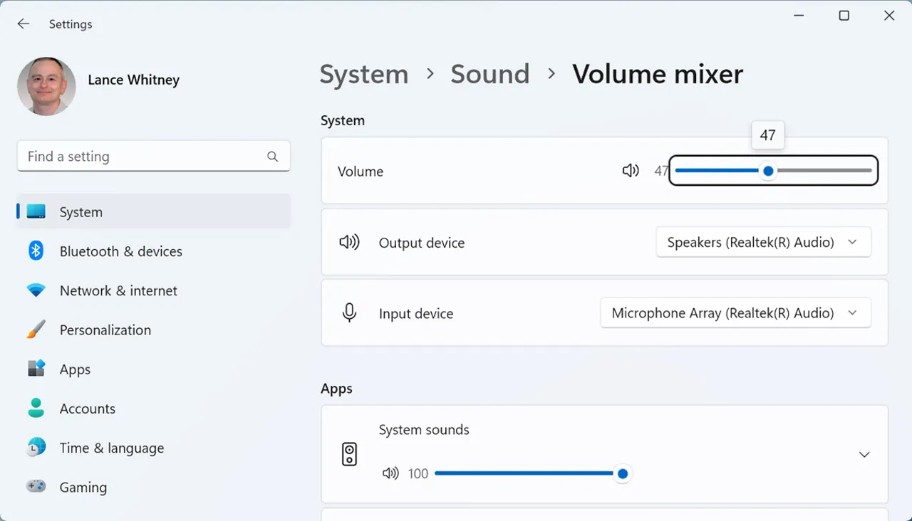 Set the volume Mixer in Windows 11
