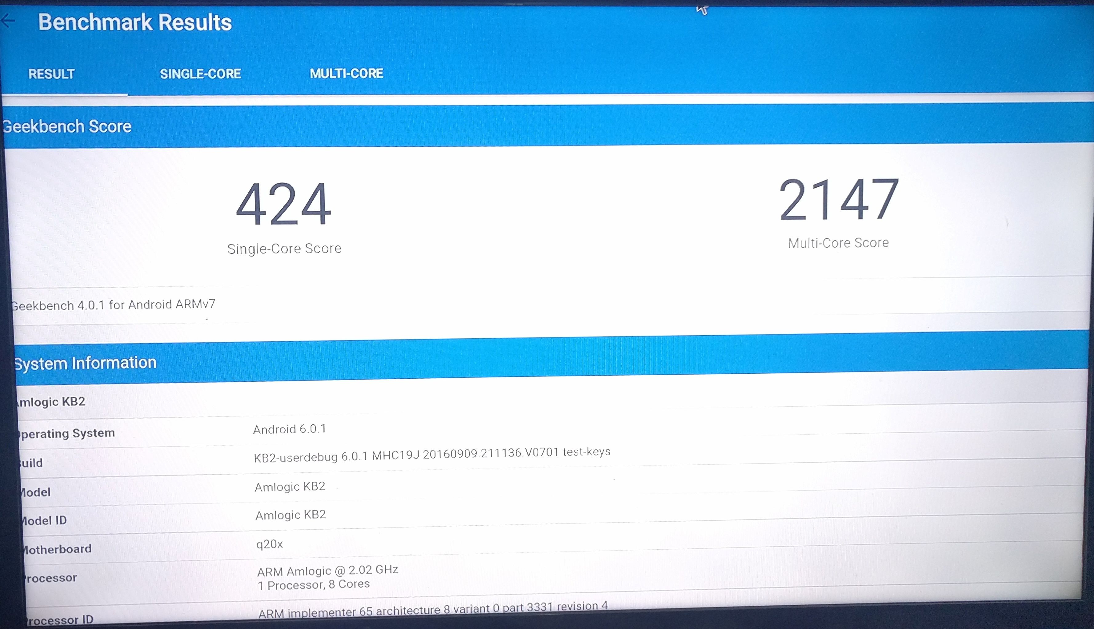 Yoka TV pruebas Geekbench