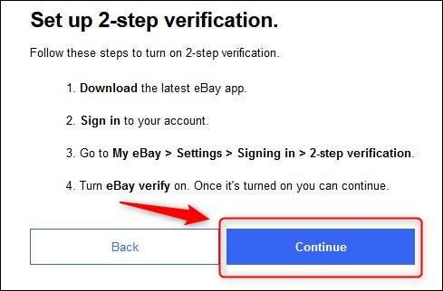 Seguimos las instrucciones para terminar la configuración de la autenticación en dos factores de eBay.