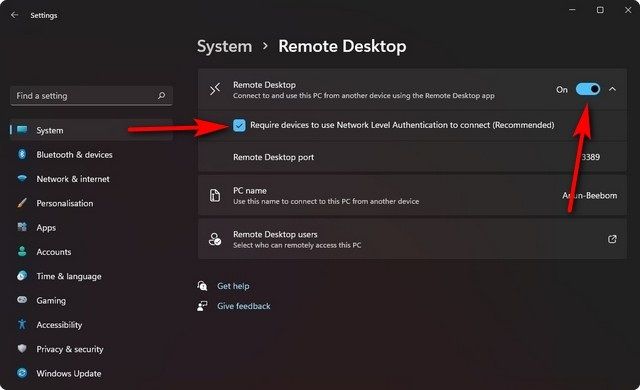 Activar escritorio remoto en Windows.