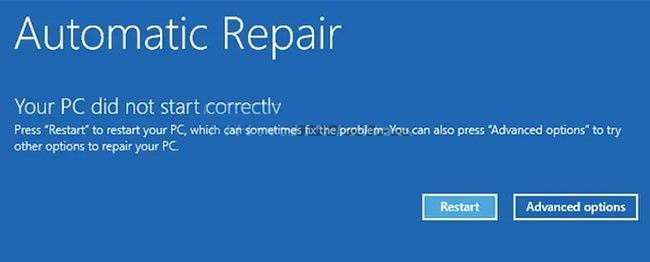 Reparación automática para solucionar el error PC no se inició correctamente.