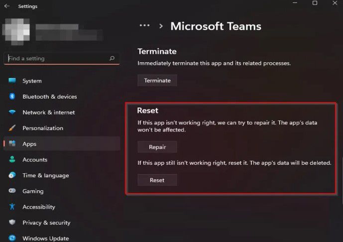 Restaurar Microsoft Teams.