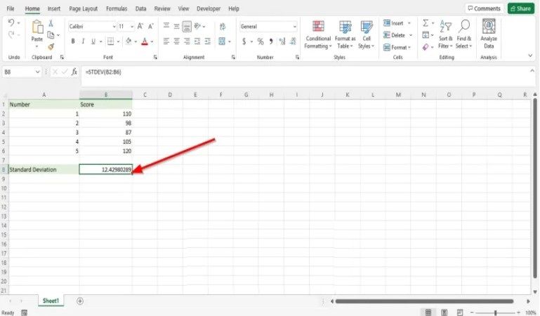 Usando la función STDEV de Excel