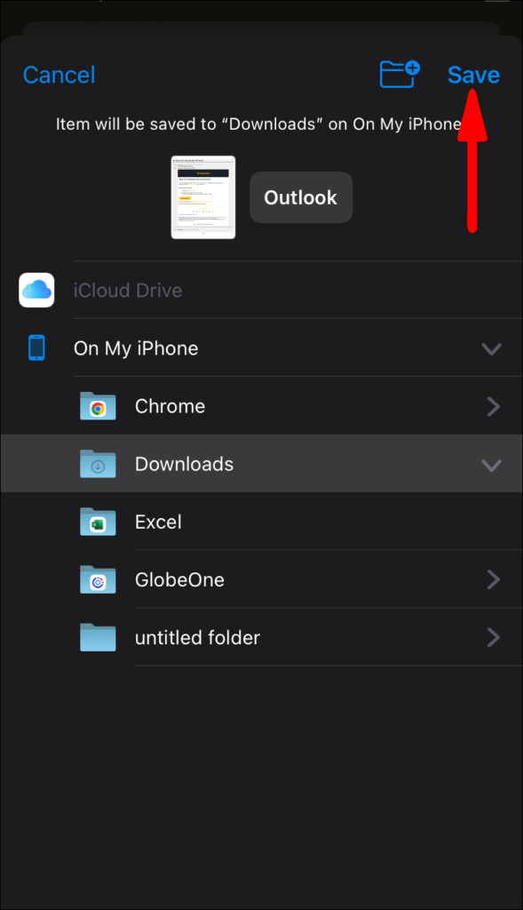 Guardar correo electrónico de Outlook como PDF en iPhone.