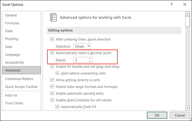 Cambiar lugares decimales predeterminados en Excel en Windows.
