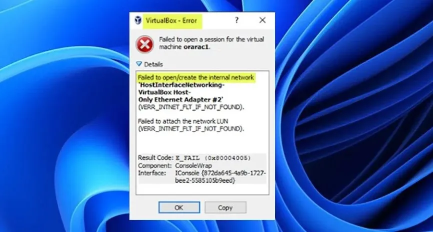 VirtualBox no pudo abrir o crear red interna