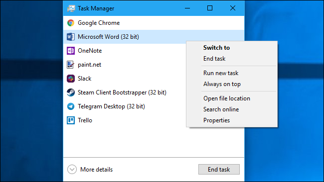 Vista sencilla del Administrador de tareas de Windows.