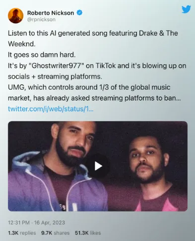 L'IA rend virale une chanson de Drake et The Weeknd, même si elle n'a pas été créée par les artistes eux-mêmes.